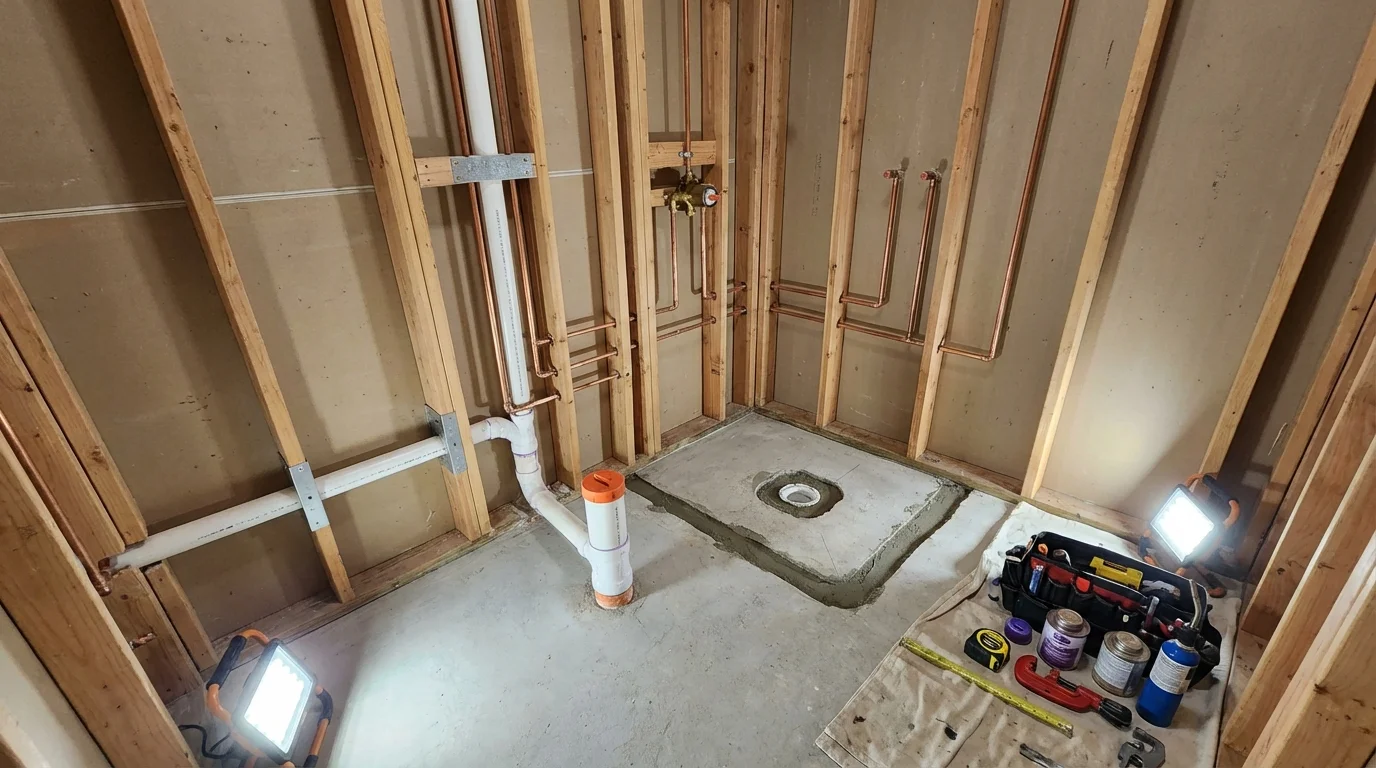 Bathroom rough-in plumbing during remodel by Johns Plumbing LLC in Woodworth