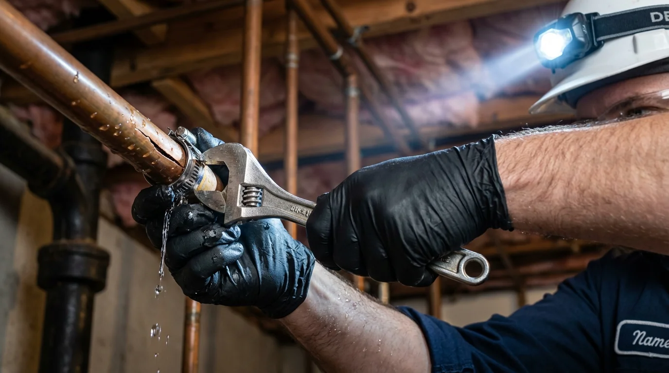 Emergency pipe clamp repair being performed by a Johns Plumbing LLC plumber in Woodworth