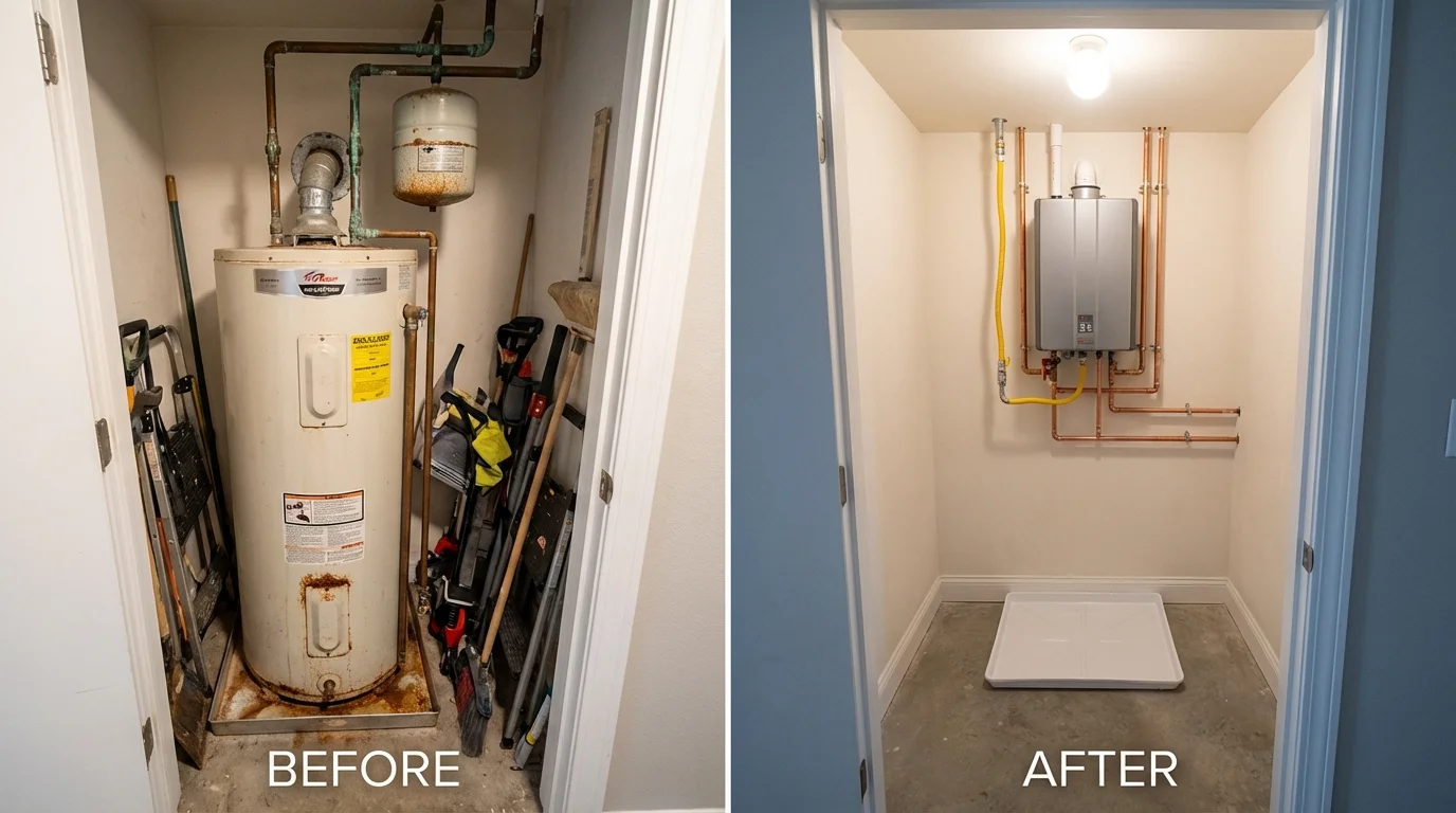 Tank water heater versus wall-mounted tankless unit comparison for Woodworth, LA homeowners