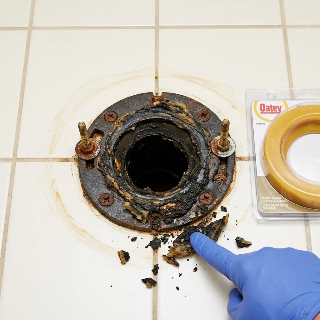 Failed wax ring showing water seepage at the base of a toilet in a Woodworth, LA home