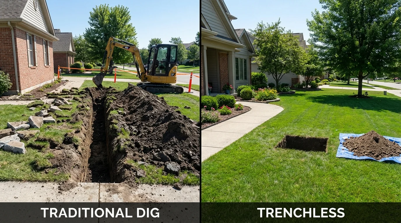 Trenchless sewer repair with minimal yard damage versus traditional excavation in Woodworth, LA