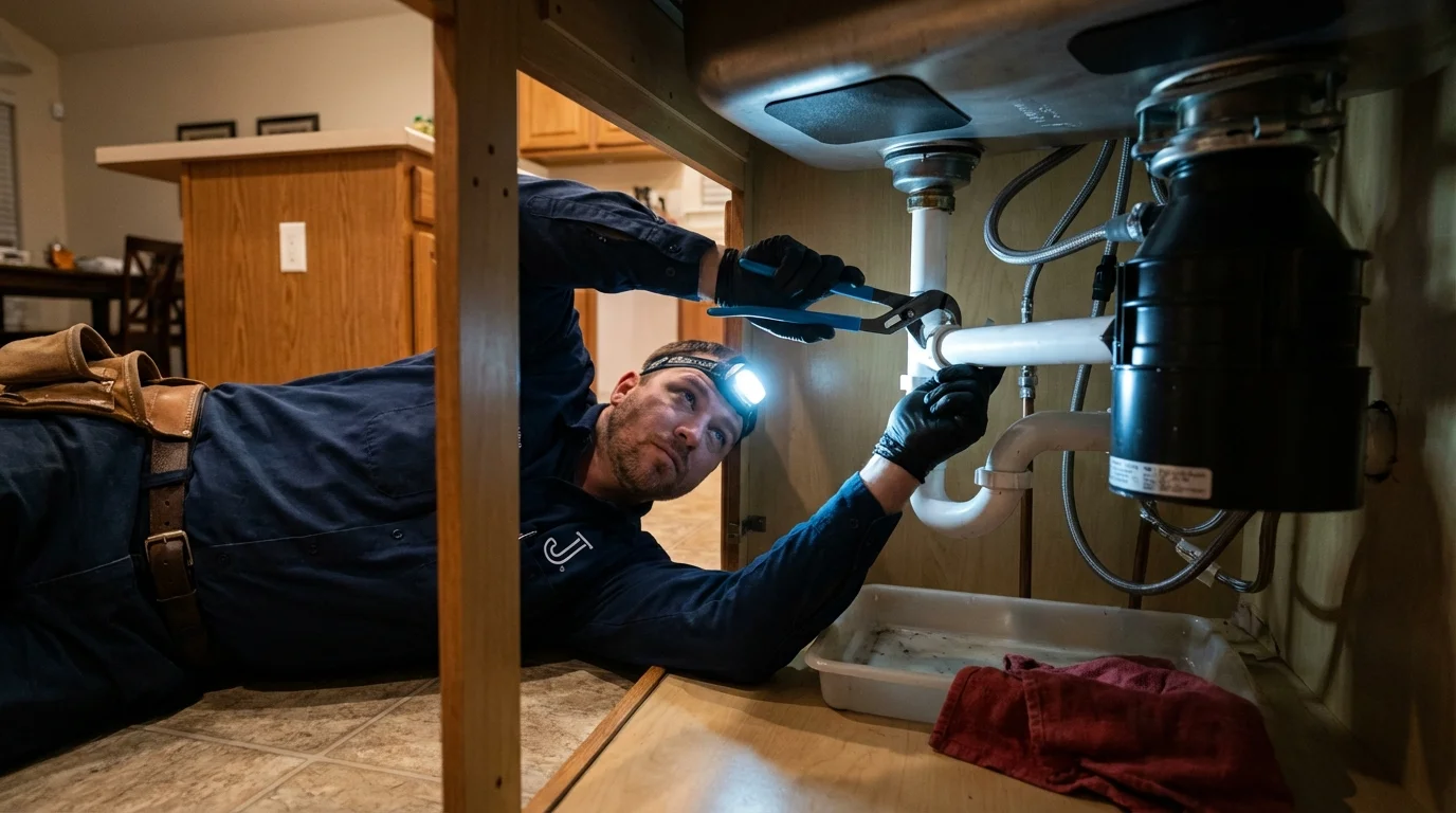 P-trap and supply line connections under a kitchen sink showing a common leak point in Woodworth, LA